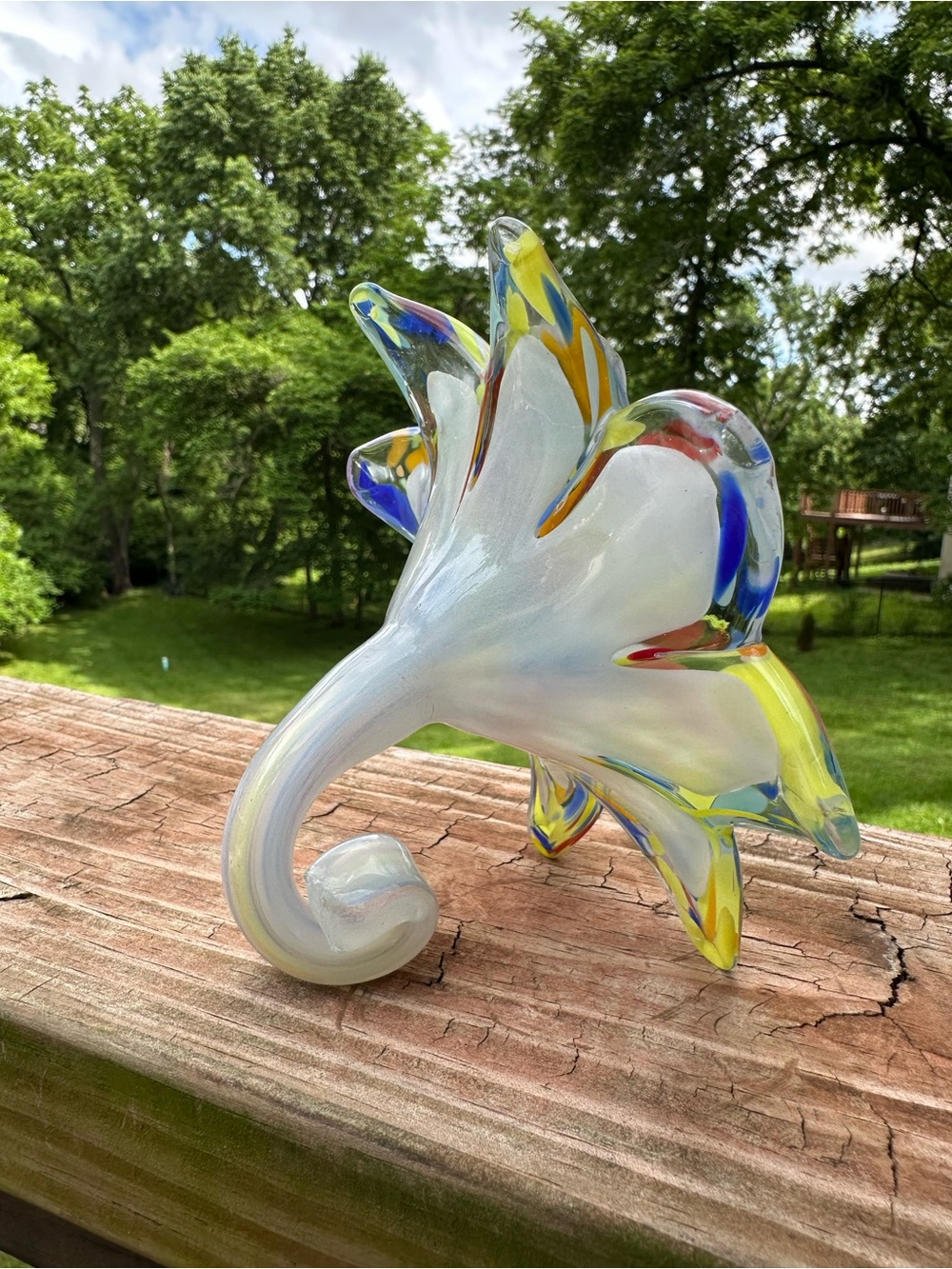 Murano Art Glass Multicolor Glass Flower Sculpture - Yellow, Blue, Orange - Picture 4 of 4